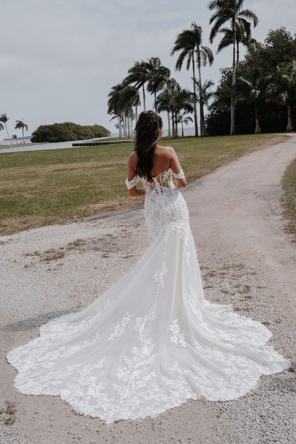 Allure Couture C623 - the pearlescent satin finished bodice of this off-shoulder gown