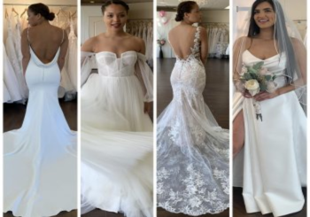 Four women stand indoors modeling different white wedding dresses, each with unique designs—open backs, lace details, tulle skirts, and a floral bouquet—showing how to choose the perfect wedding dress for every body type.
