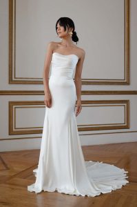 bride in strapless wedding dress and a hair bun
