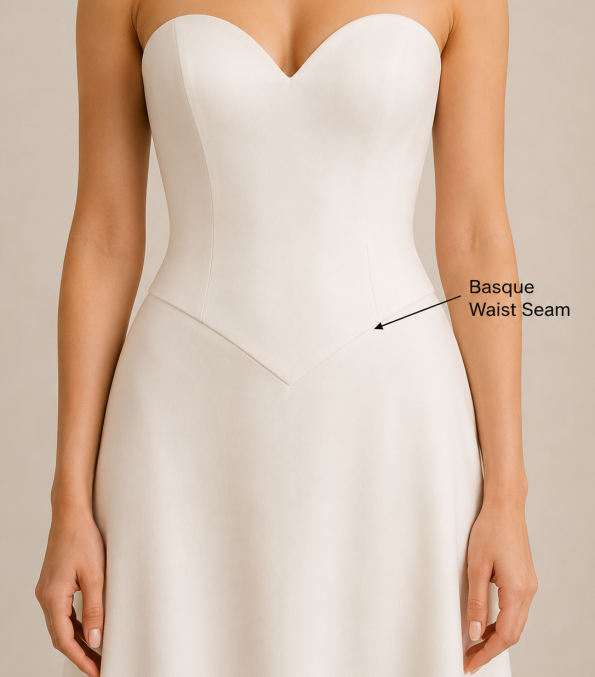 Flares Bridal + Formal | Wedding Dress Glossary (A-Z): Every Term a Bride Needs to Know Basque Waist (Drop Waist)