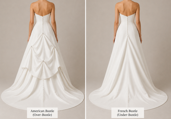 Flares Bridal + Formal | Wedding Dress Glossary (A-Z): Every Term a Bride Needs to Know Bustle Types (French vs. American)