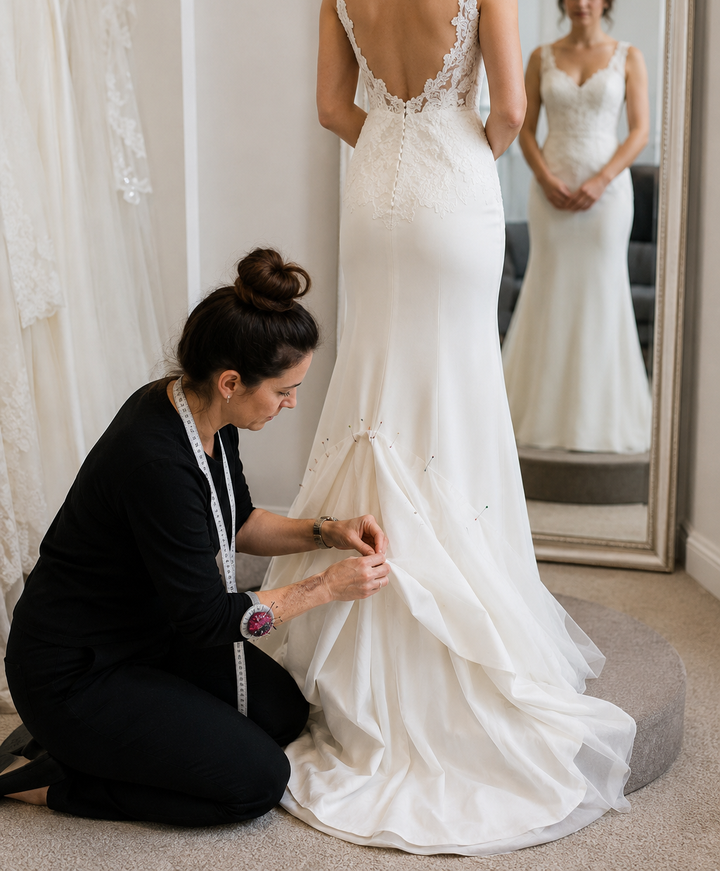Flares Bridal + Formal | How Much Do Wedding Dress Alterations Cost in the Bay Area? (2026 Pricing Guide) wedding dress fabrics affecting alteration costs