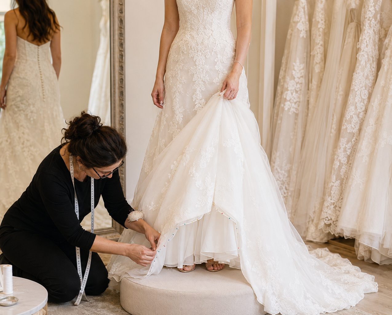 Flares Bridal + Formal | How Much Do Wedding Dress Alterations Cost in the Bay Area? (2026 Pricing Guide) Wedding dress alteration fitting with bridal seamstress in Bay Area boutique