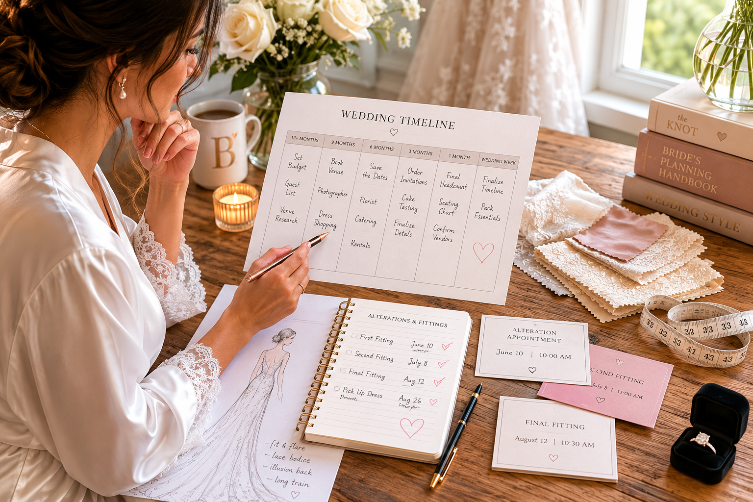 Flares Bridal + Formal | How Much Do Wedding Dress Alterations Cost in the Bay Area? (2026 Pricing Guide) Bride planning wedding dress fittings and alteration timeline