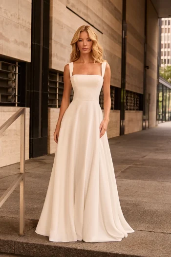 A woman stands outdoors on a city sidewalk near modern buildings, wearing the M2582 by Mikaella Bridal—a sleeveless, square-neck white bridal gown.