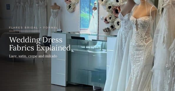 Wedding dress fabrics explained: a beaded lace bodice at Flares Bridal + Formal, Walnut Creek