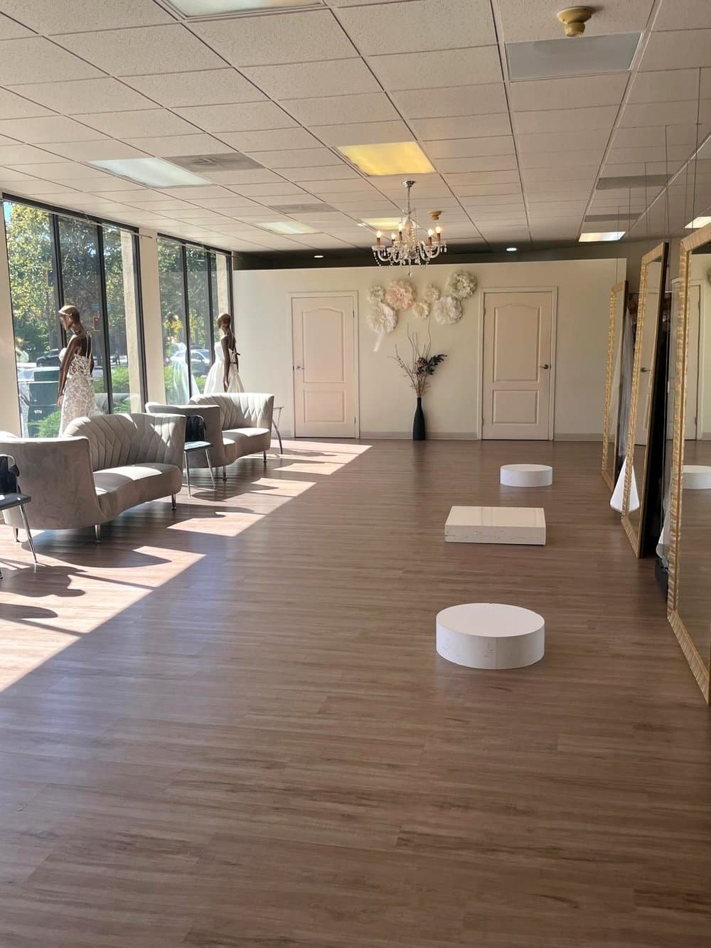 The bridal fitting lounge at Flares Bridal + Formal in Walnut Creek, California