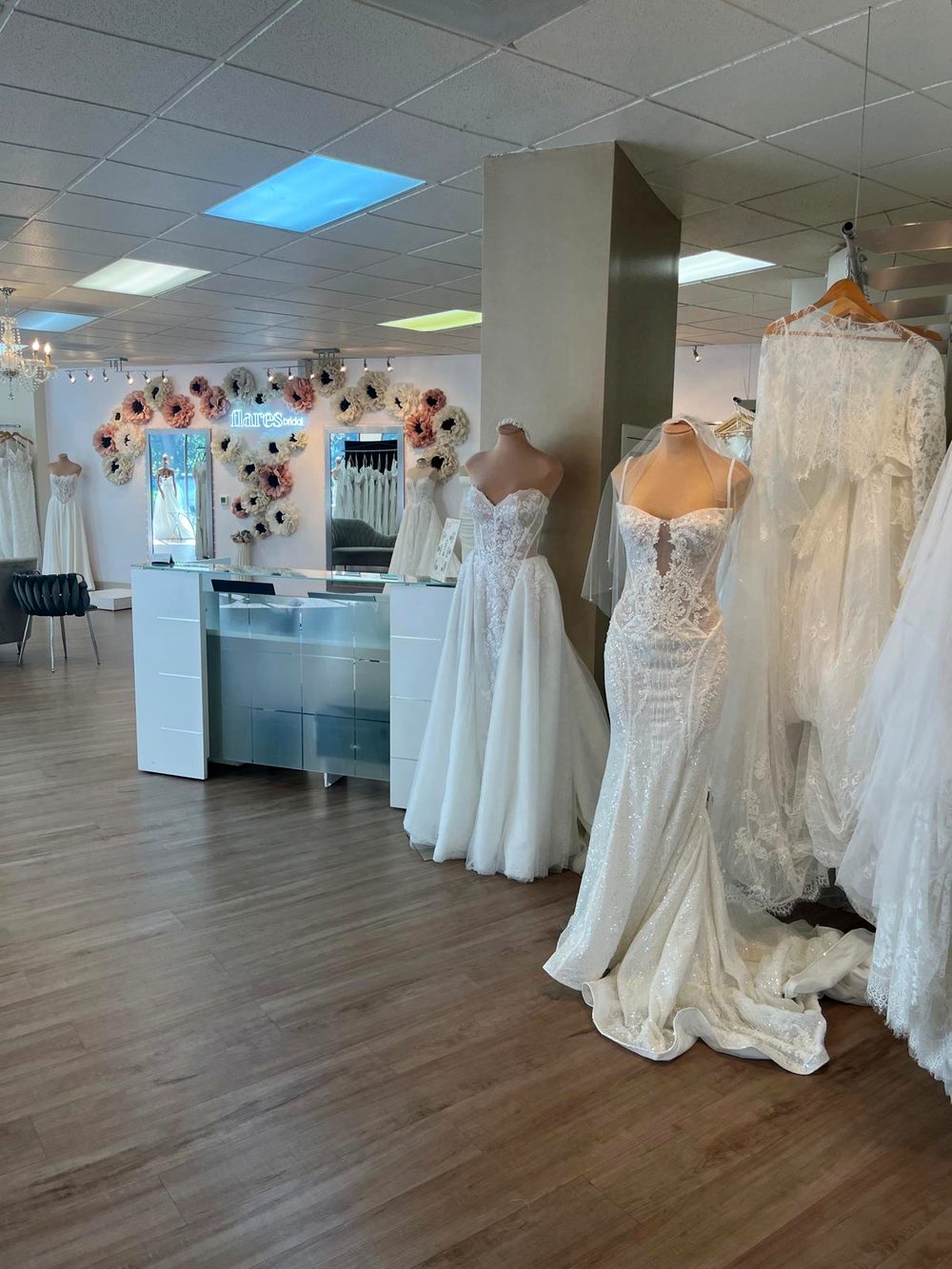 The welcome desk at Flares Bridal + Formal in Walnut Creek, California