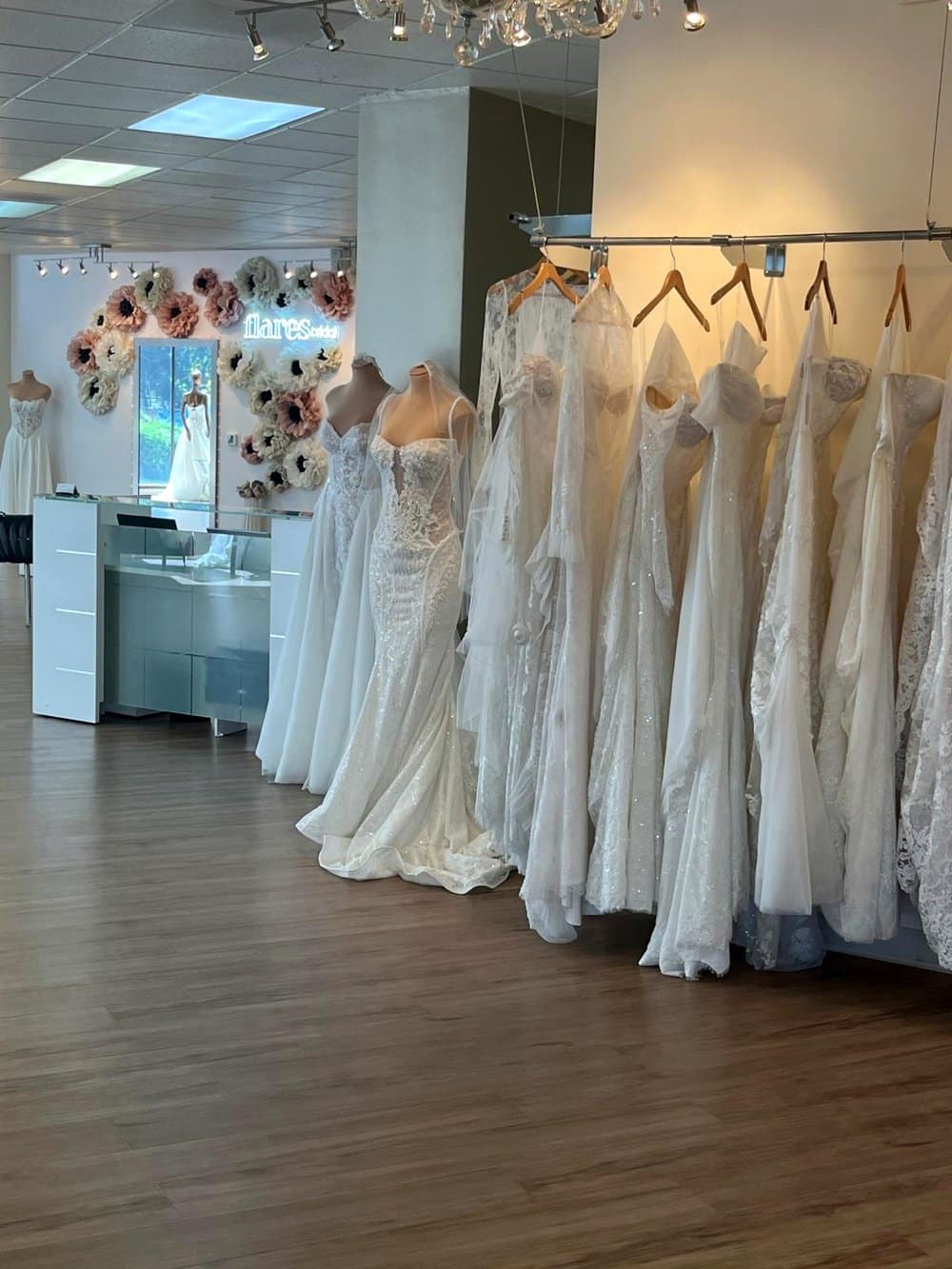 Wedding dresses on the shop floor at Flares Bridal + Formal, Walnut Creek